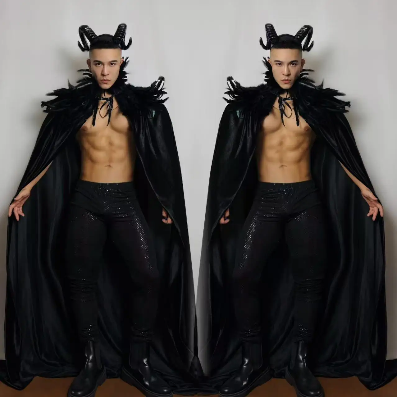 Gioco di ruolo horror Costume di carnevale per feste di Halloween Uomo Danza di piombo Discoteca Bar Cantante Abbigliamento da palcoscenico sexy Set di mantello di piume nere