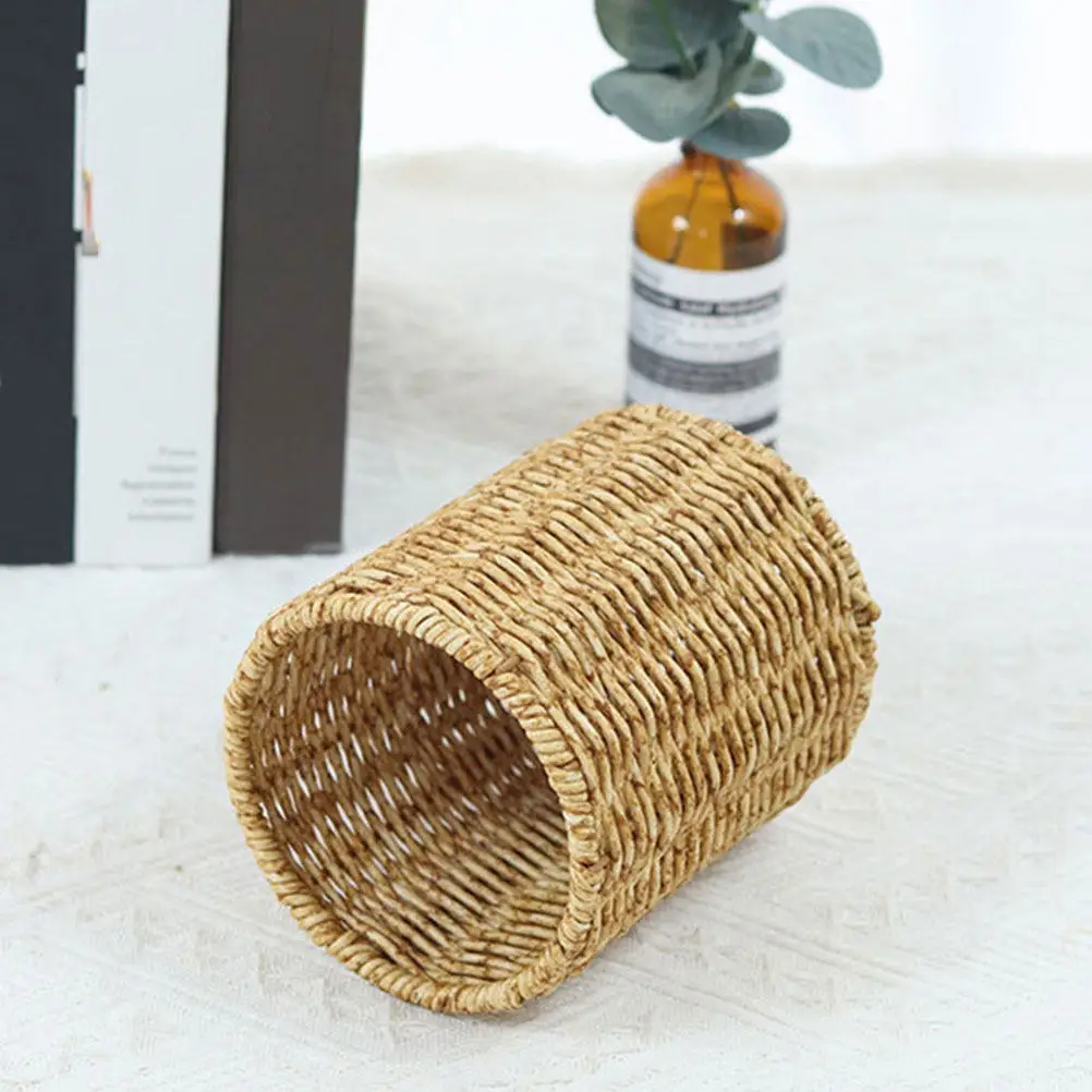 Imitation Rattan Woven Pen Holder Large Capacity Round Desktop Pencil Container Multifunctional Organizer for Office Study