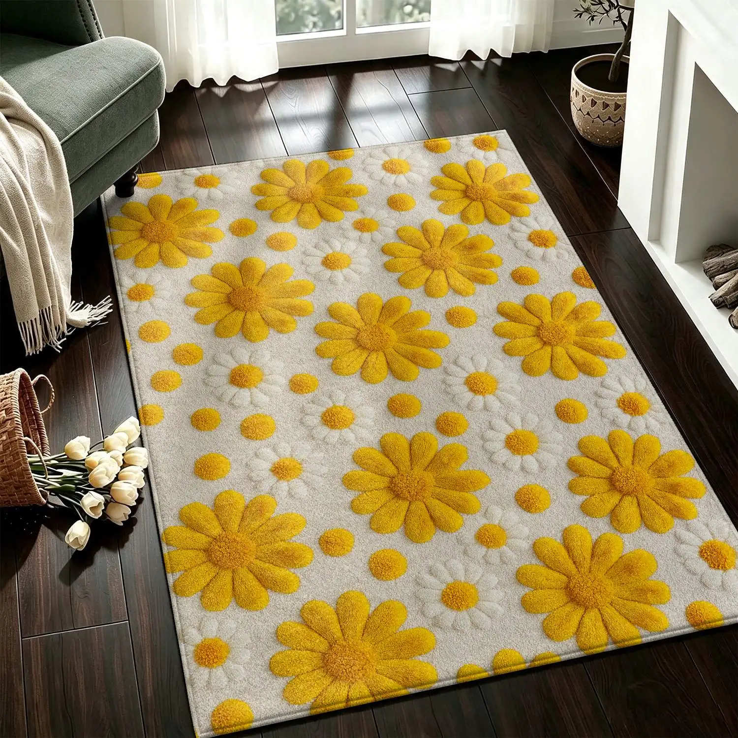 1Pc 2D Printed Yellow Daisy Nordic-Style Carpet, Instagram-Inspired Modern Minimalist Floor Mat, Machine Washable, Multi-Size, Ideal for Home Decor: Entryway, Dining Room, Foyer, Bedroom, Study, Living Room
