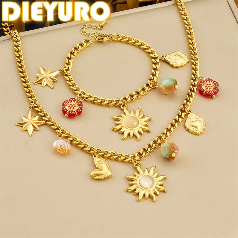 DIEYURO 316L Stainless Steel Sunflower Heart Star Crystal Pendant Necklace Bracelet Set Lady New Fashion Jewelry Glamorous