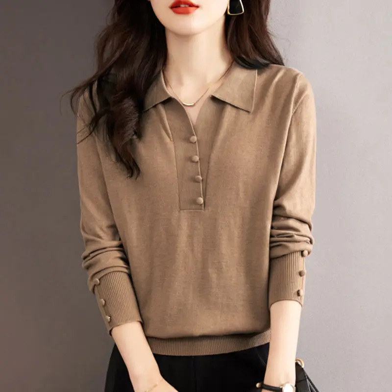 2023 Autumn Winter New Solid Color Fashion POLO Collar Long Sleeve Knitting Pullovers Women Button Vintage Elegant All-match Top