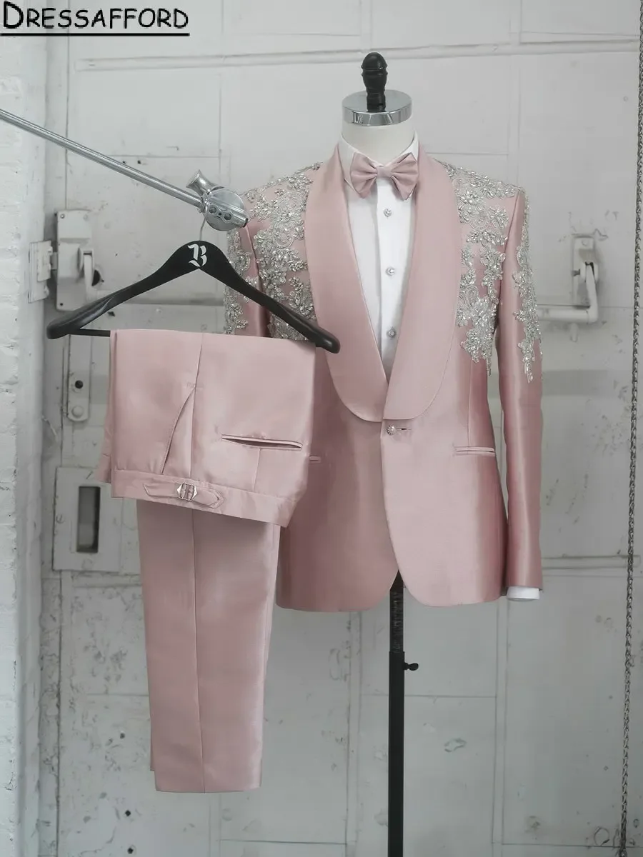 Pink Beaded Crystal 2 Piece Blazer Pants Appliques Lace Men Suits Formal Prom Wedding Groom