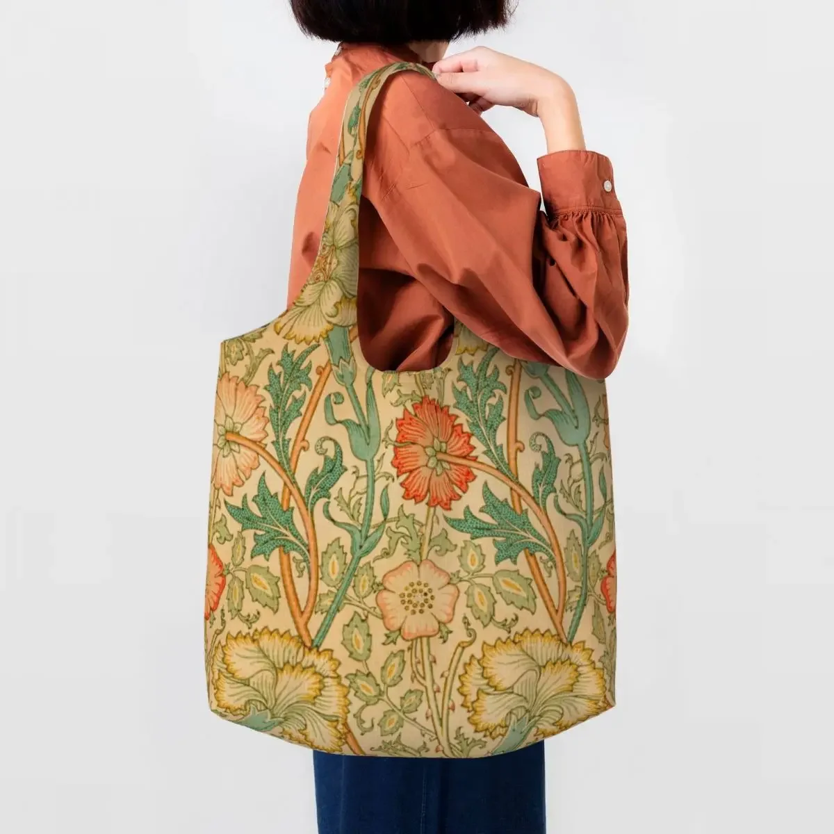 By William Morris Grocery Shopping Bags Canvas Shopper Tote Shoulder Bags Big Capacity Washable Floral Textile Pattern Handbag