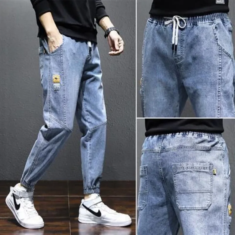 Jeans Men Hip Hop Sweatpants Casual Streetwear Cargo Jeans Harajuku Elastic Waist Trouser Men Clothing Korean Fashion Black Blue