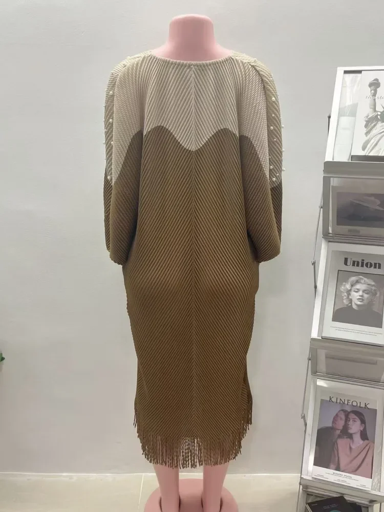 

Miyake плиссированное женское платье с бисером, лето 2022, новая волна, круглый вырез, цветная кисточка, модные повседневные дизайнерские платья с баской