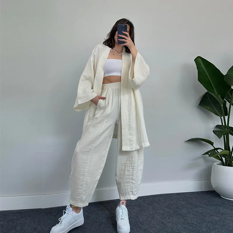 Solid Drape Loose Casual Suit  Women Pajamas Fashion Kimono Long-Sleeved High Waist Trousers 2 Pcs Sleepwear Female Home Suit