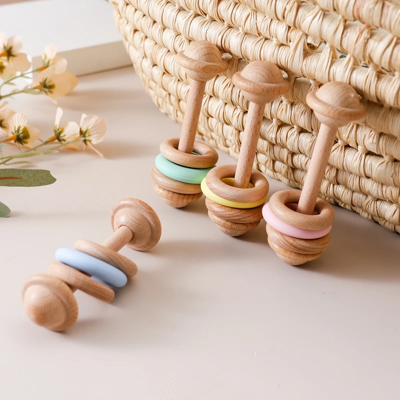 1pc Baby Toys Beech Wooden Rattle Hand Bells Toys Of Newbron Montessori Educational Toys Mobile Rattle Wooden Ring Baby Products