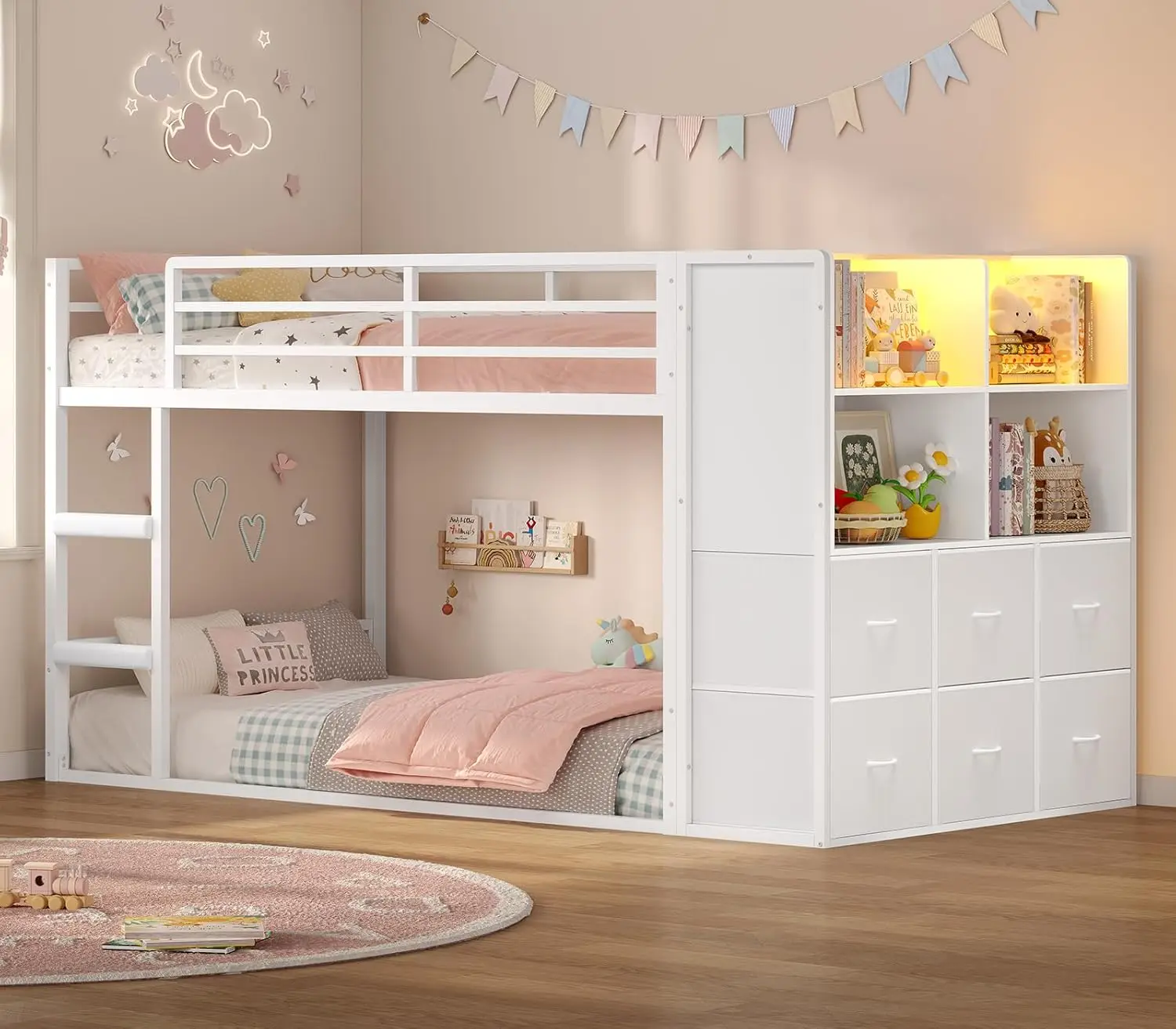 Kids' Room Low Bunk Bed, Metal Frame, Multi-Color LED Lights, Space-Saving with Fabric Drawers
