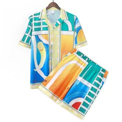 Conjunto de camiseta Hawaiana de dos piezas para hombre, ropa de calle japonesa de gran tamaño, pantalones cortos de playa con estampado geométrico de bloques de Color