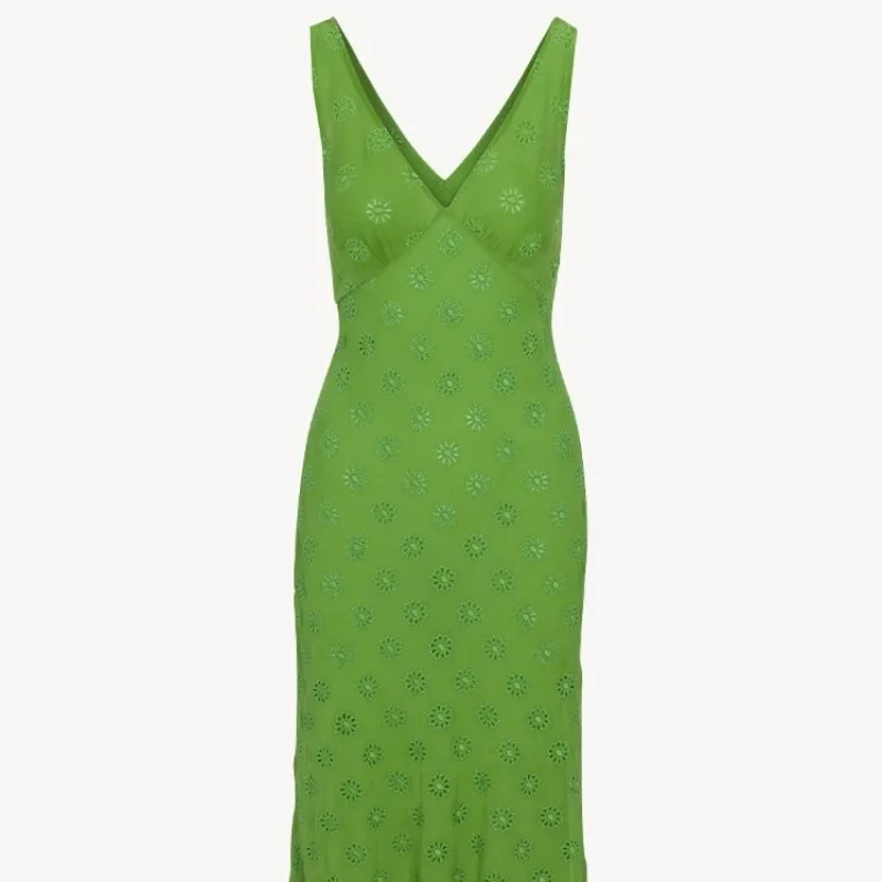 Green Solid Silk Slim Sleeveless Embroidery Midi Dress for Women Fashion