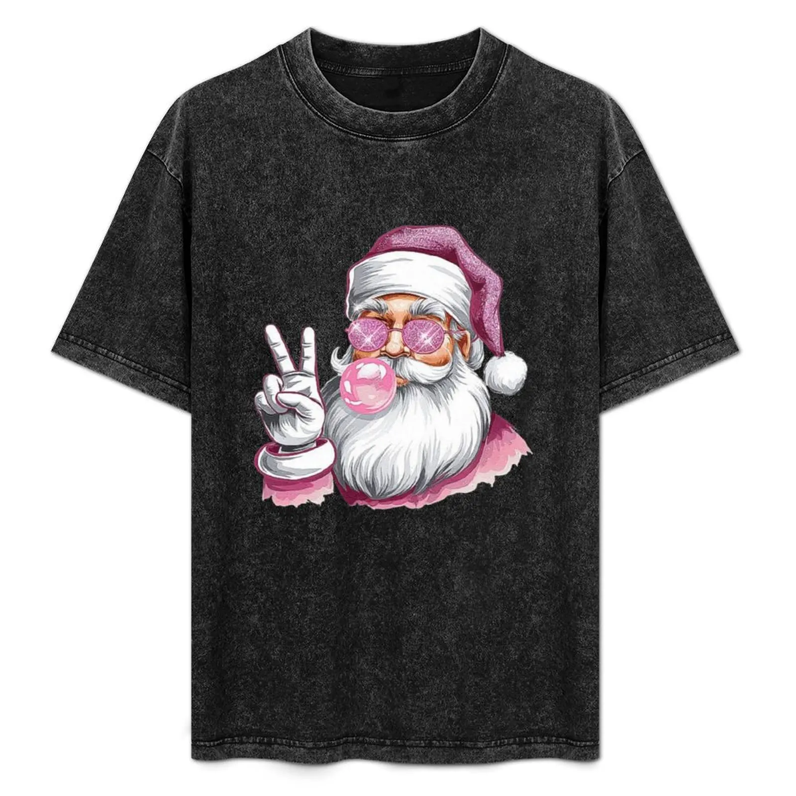 

Cool Santa with Pink Sunglasses and Bubblegum - Holiday Peace Sign Art T-Shirt Relaxed Fit Casual Short Sleeve Top