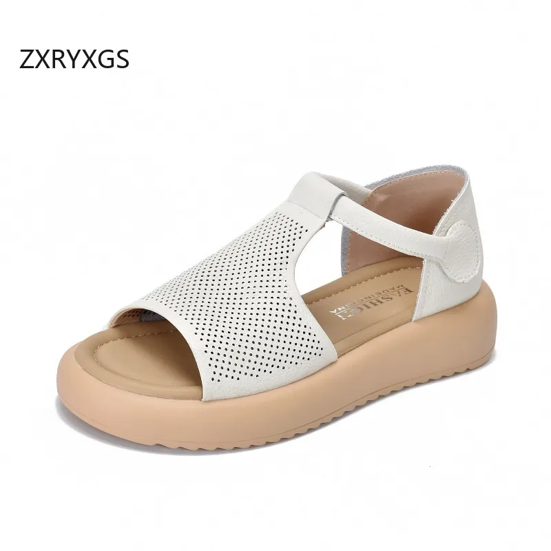 ZXRYXGS Genuine Leather Hollow Fish Mouth Sandals 2025 New Summer Soft Thick Sole Elevator Shoes Women Versatile Casual Sandals