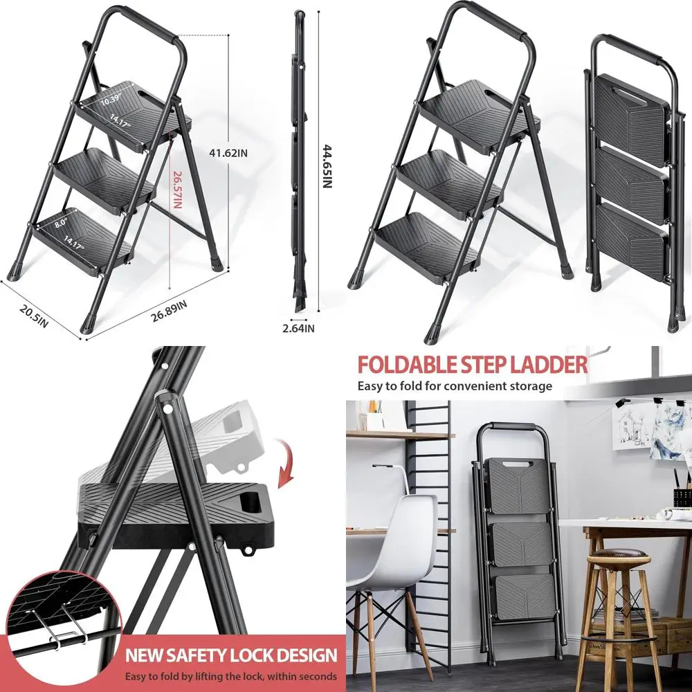 

Трехступенчатая лестница, складная стремянка с системой Sae-Lock, прочная стальная лестница на 227 кг с широкими противоскользящими ступенями, удобные поручни