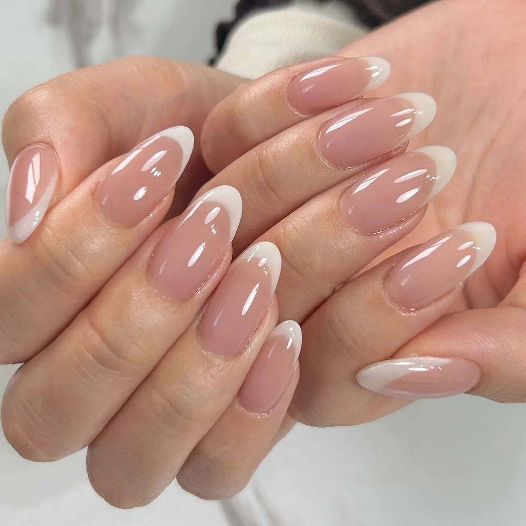 24Pcs/Set Medium Long Almond Fake Nails Art White Edge Oval Glossy Artificial Acrylic Press on Nail Tips Hot Sale Stick on Nails