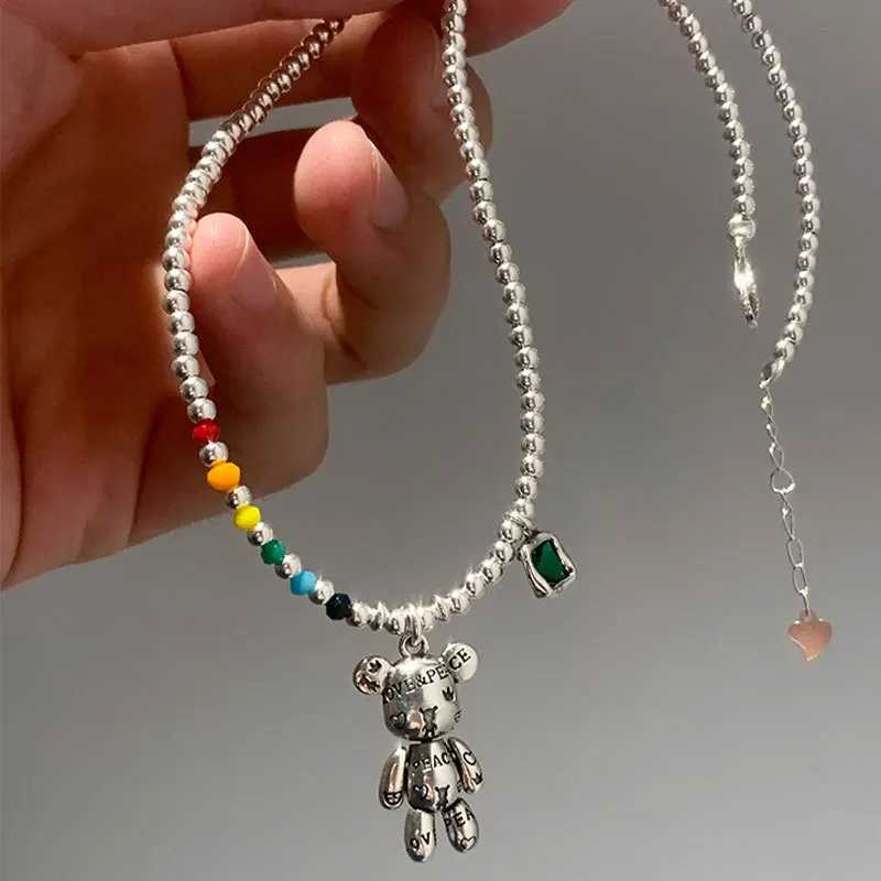 Silver Color Necklace Charm Bracelet Jewelry Colorful Round Beads Design Cute Bear Zircon Pendant Party Jewelry sl208