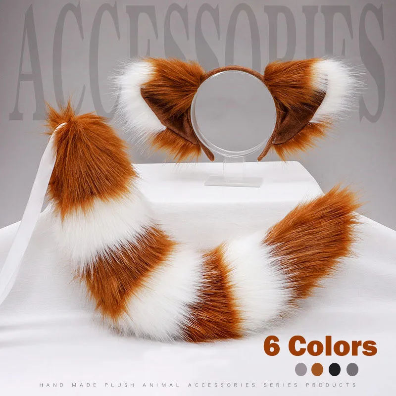 6 Colors Fluffy Plush Animal Ears Headwear Furry Cosplay Tail Set Hand-made Fox Ears Headband Fox tail Set for Halloween Party