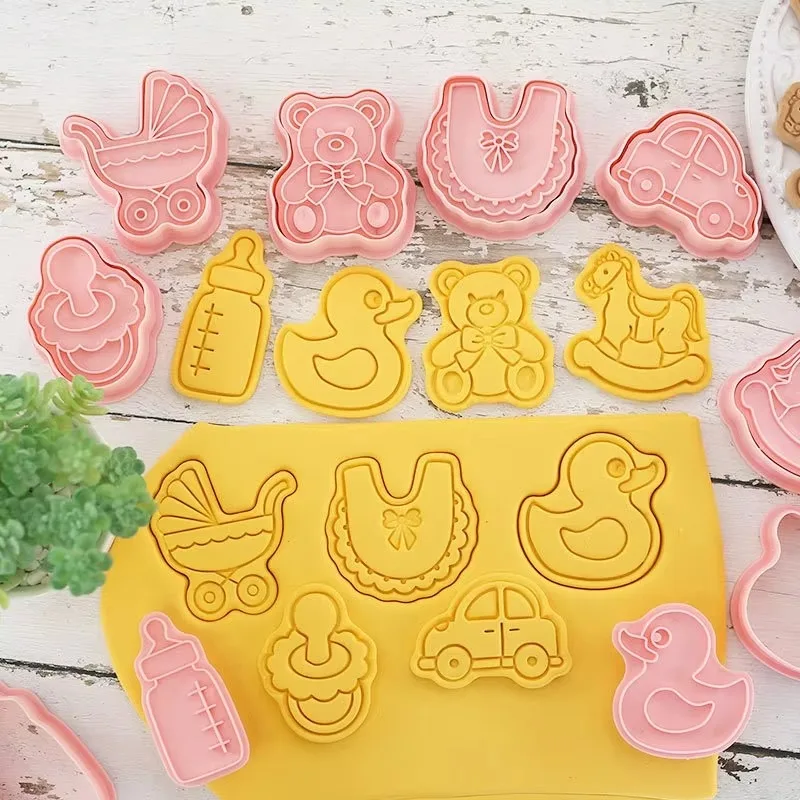 6/8Pcs Cookie Cutter Stamp Baby Stroller Bottles Bear Theme Dough Plastic Pressable Biscuit Mold Kitchen Baking Pastry Bakeware