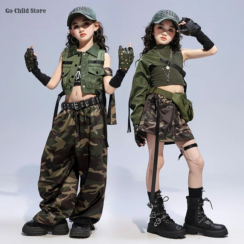 

Girls K-pop Camouflage Vest Cargo Pants Kids Crop Hoodies Shorts Child Streetwear Jazz Hip Hop Military Girl Group Clothes Sets