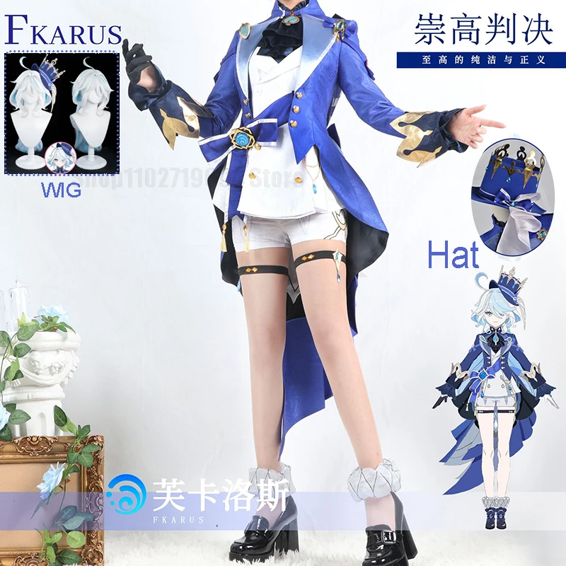 

Genshin Impact Focalors Furina Cosplay Costume Wig Game Genshin Fontaine Goddess Uniform Justice Fkarus Hydro Carnival Costume