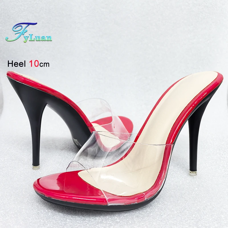 トレンディなセクシー10cmヒールレディースオープントゥスリッパパーティースティレットハイヒールクリアミュールスライド女性用レッド透明シューズサンダル