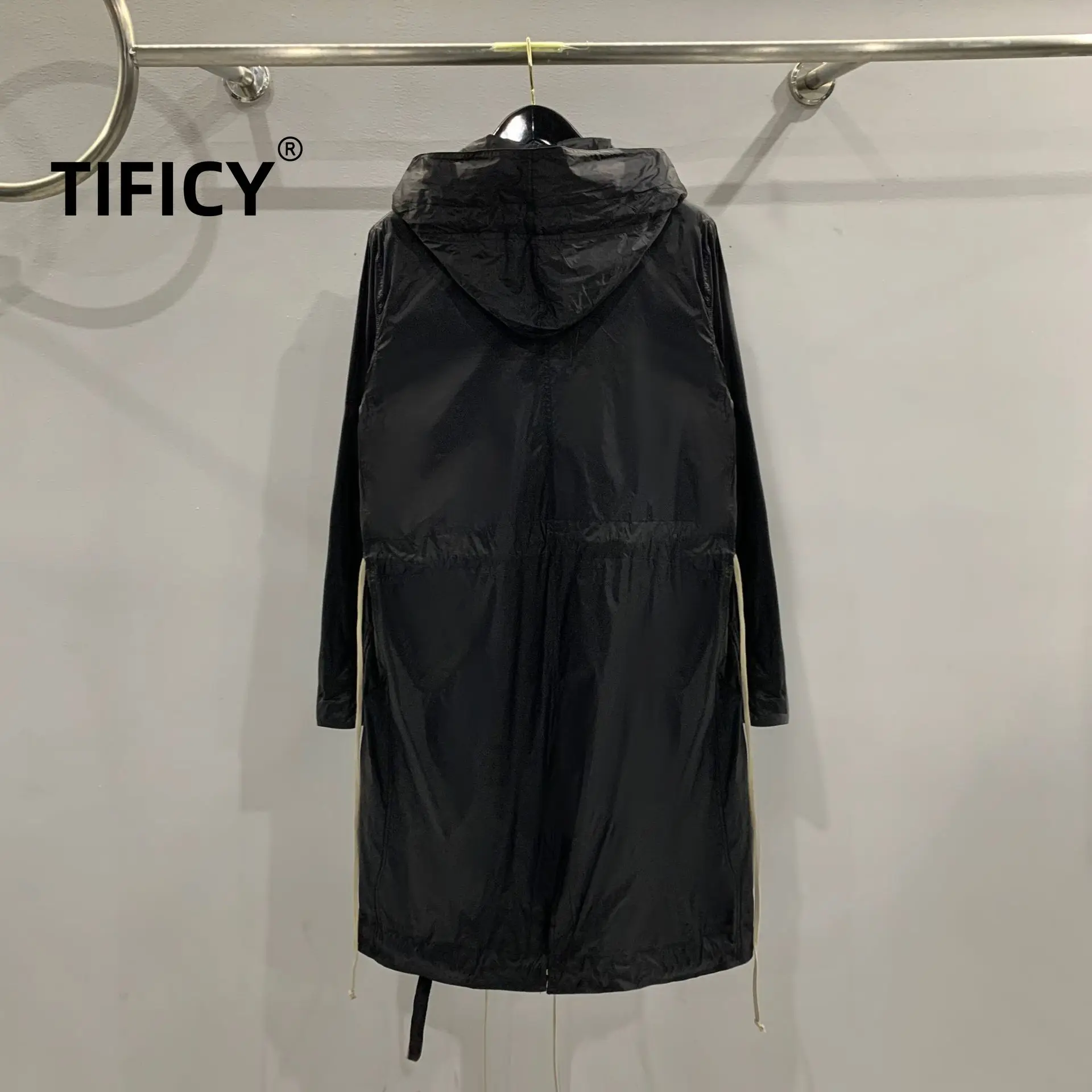 TIFICY High Street Hoodies Coats Men's Hooded Casual Thin Zipper Black Loose Side Seam Pocket Solid Color Trench Coat