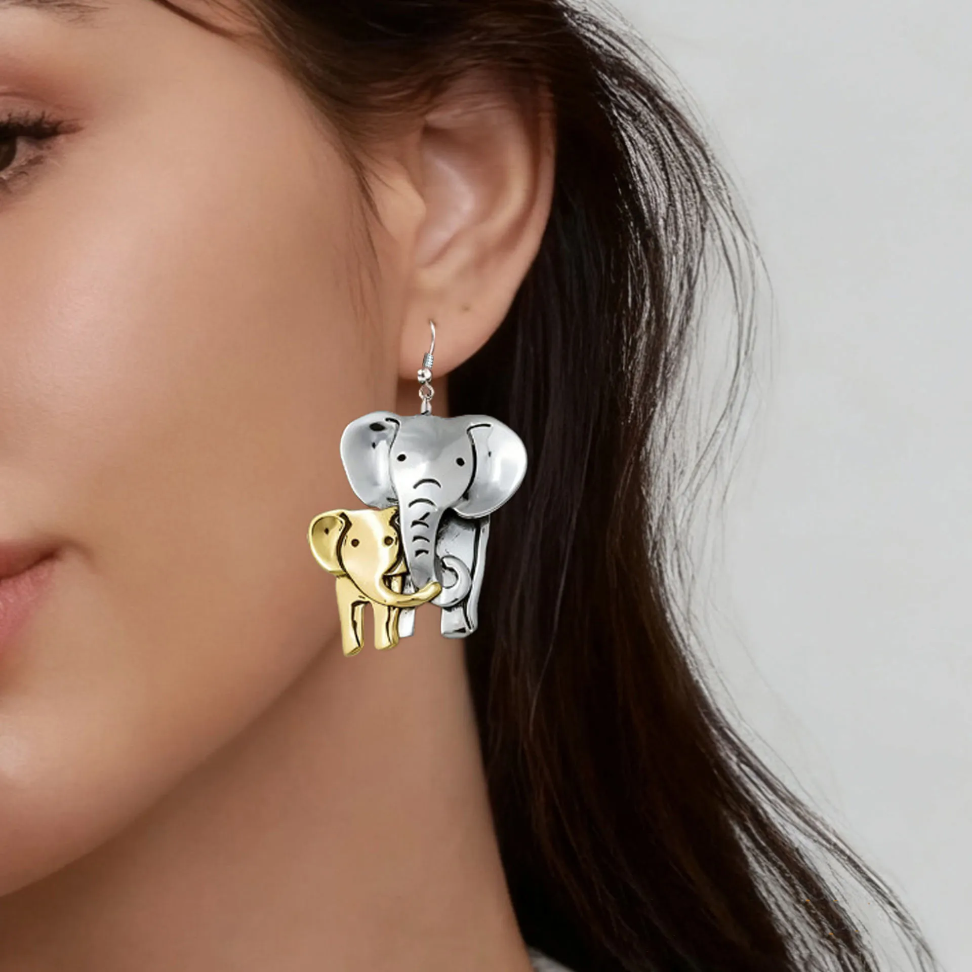 Two-tone Mother and Baby Elephant Dangle Earrings, Silver and Gold Mixed Metal Fish Hook Earrings for Women Creative Casual Festival Jewelry Gift