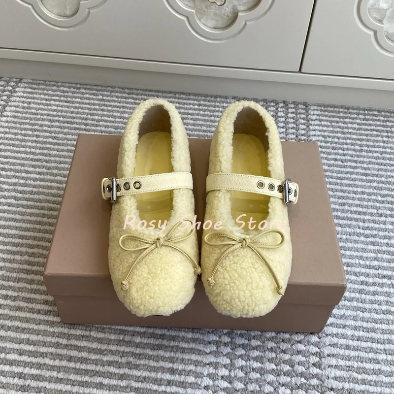 

Pale Yellow Wool Velvet Flat Ballet Shoes Fashion Butterfly Knot Decor Round Toe Adjustable Buckle Soft Cotton Shoes Winter Warm