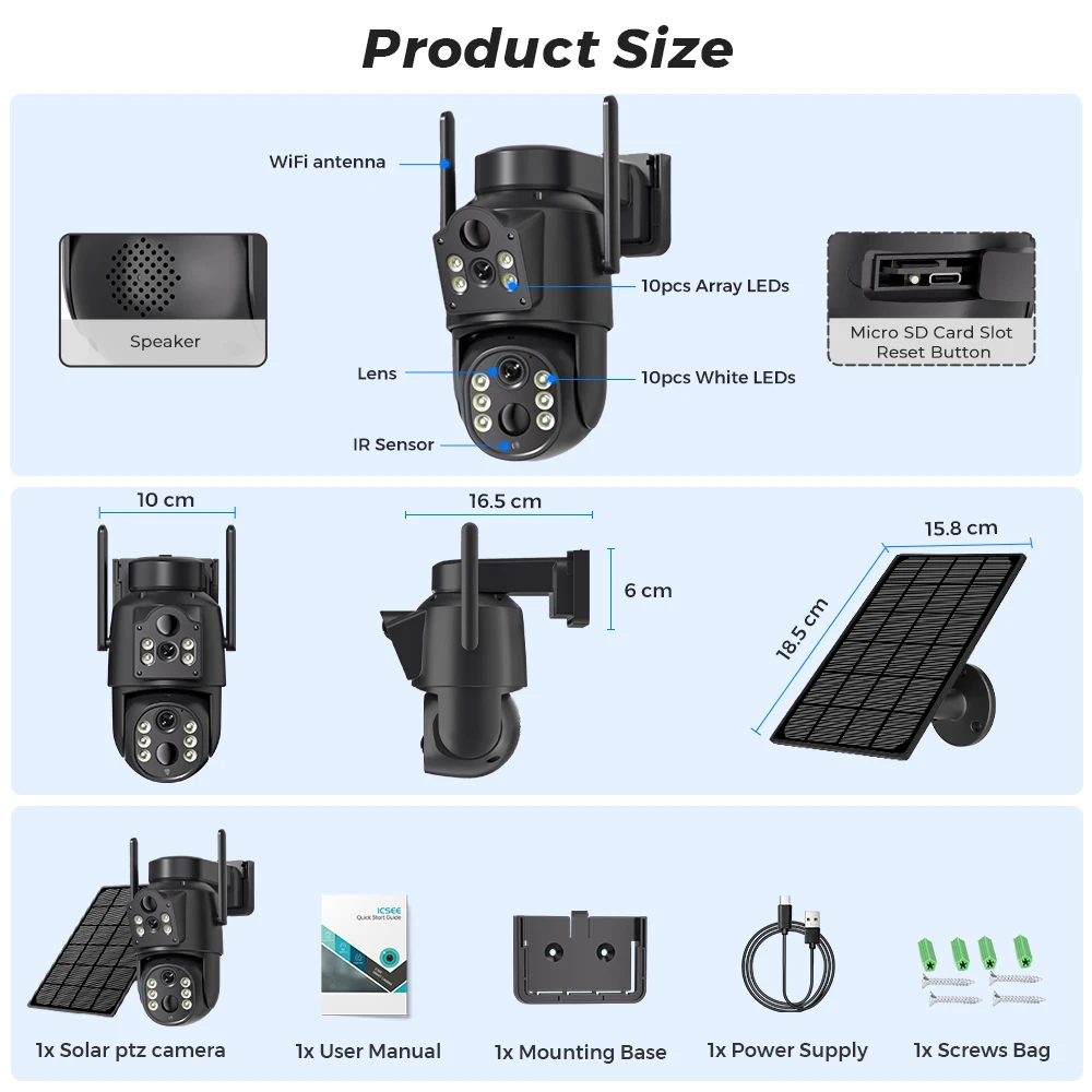 Solar Battery Wifi Camera Dual Lens Dual Screen Outdoor Security Protection PTZ Camera PIR Ai Human Detection CCTV icsee APP