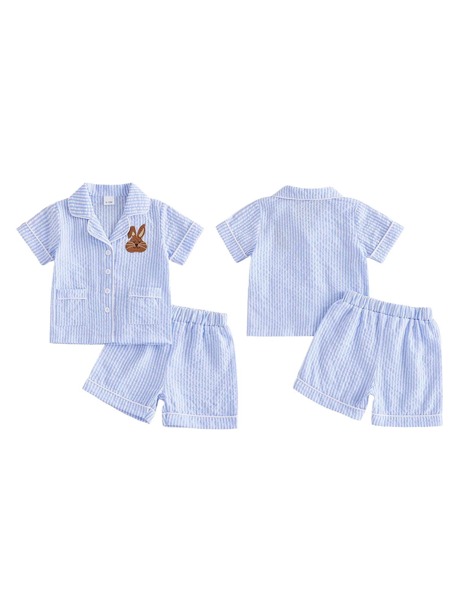 

Детские пасхальные пижамные комплекты с рубашкой на пуговицах с короткими рукавами и вышивкой кролика и полосатыми шортами, одежда для сна для мальчиков