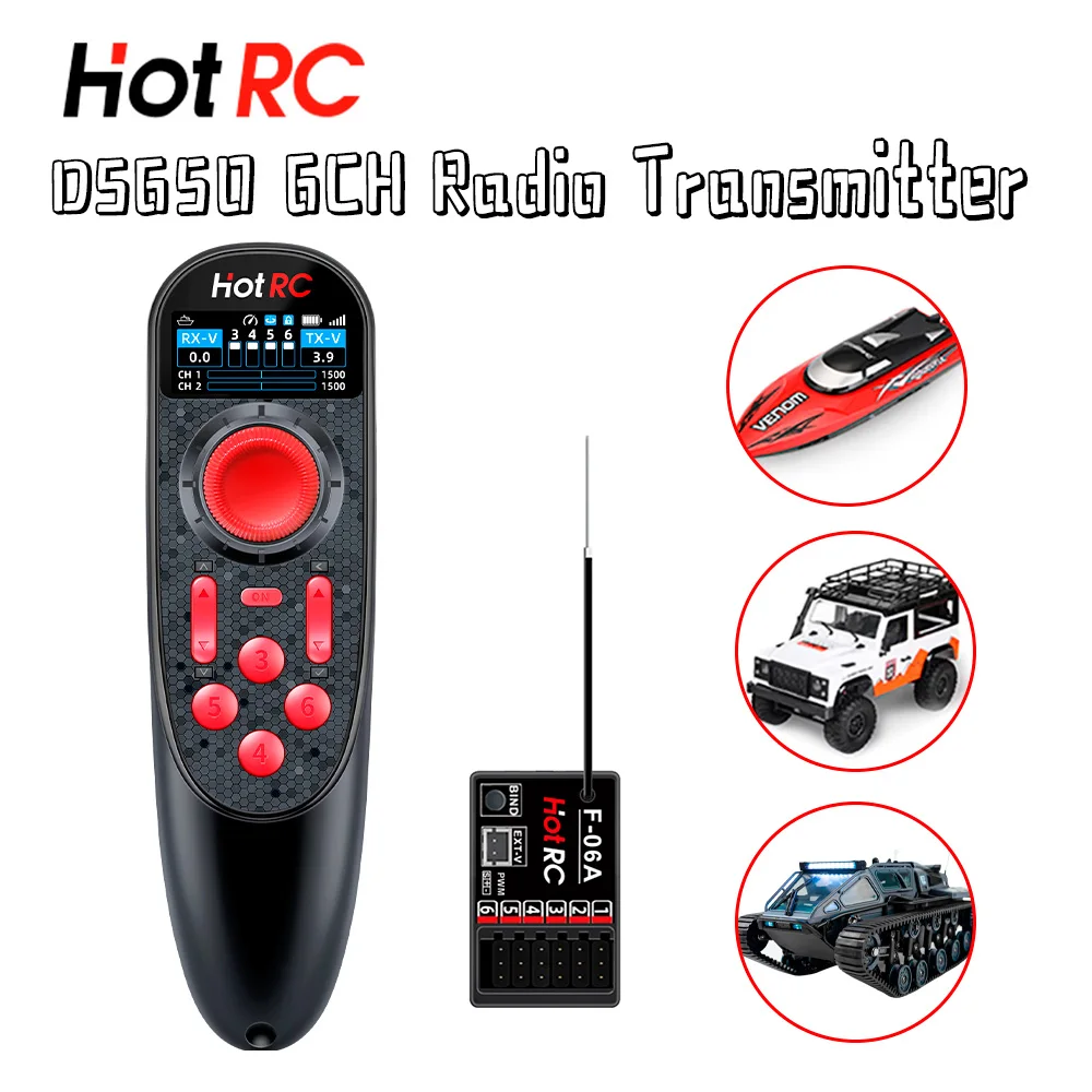 HOTRC DS650 Radio Transmitter 6Channels 300M 2.4CHZ Remote Controller Built-in 1500mAh With F-06A Receiver For RC Car Boat Robot