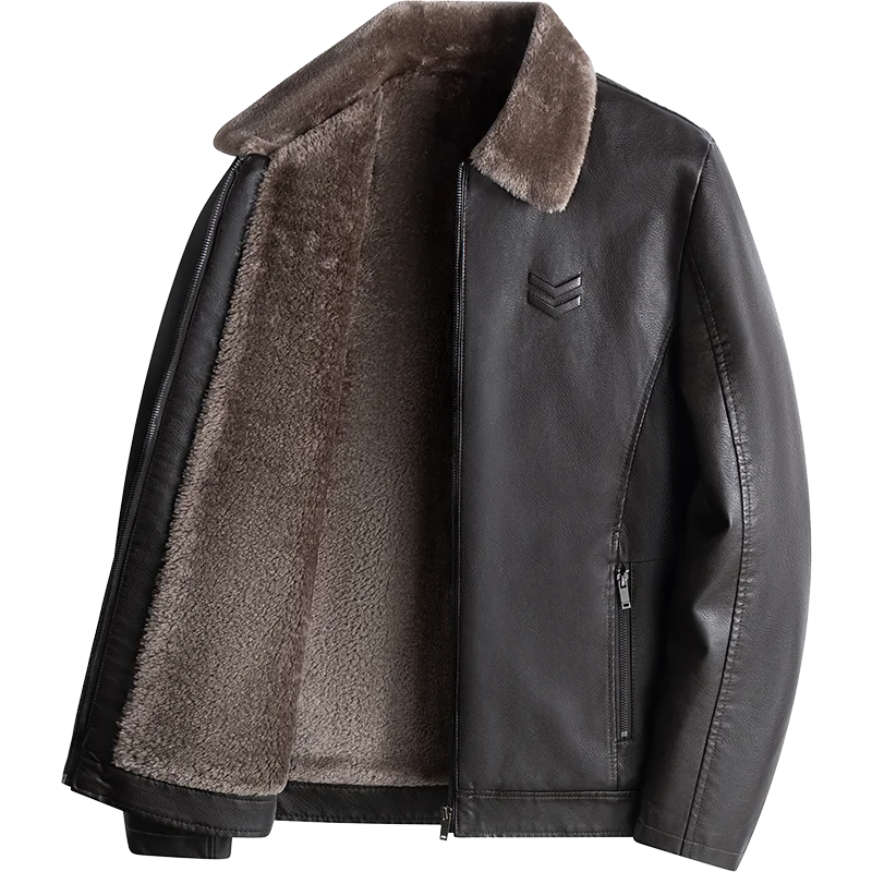 

Casual Men's Slim Warm Fleece PU Leather Jackets Autumn Winter Streetwear Solid Plush Thicken Coats Windproof Fur Collar Parkas