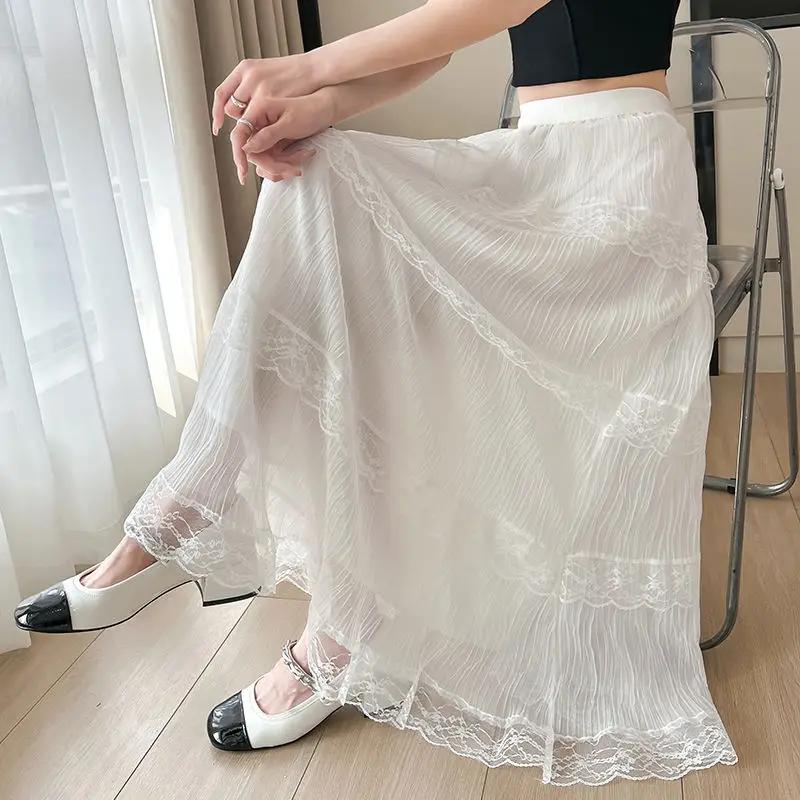 الحلو بلون تقسم الدانتيل ألف خط التنانير الملابس النسائية 2025 صيف جديد فضفاض الشباب نمط مرونة عالية الخصر ماكسي تنورة #4