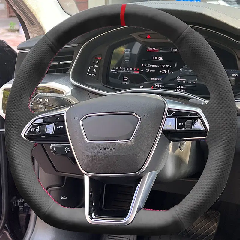

For Audi (D Shape) A6 C8/4K S6 A7 4K8 S7 A8 D5/4N S8 E-Tron S GT Hand-stitched Suede Leather Car Inner Steering Wheel Cover Trim