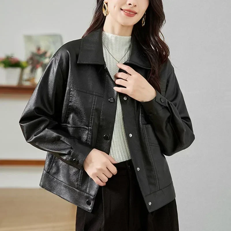 เสื้อนอกลำลองเข้ารูปสำหรับผู้หญิงเสื้อแจ็คเก็ตหนังเทียมฤดูใบไม้ร่วงฤดูใบไม้ผลิ