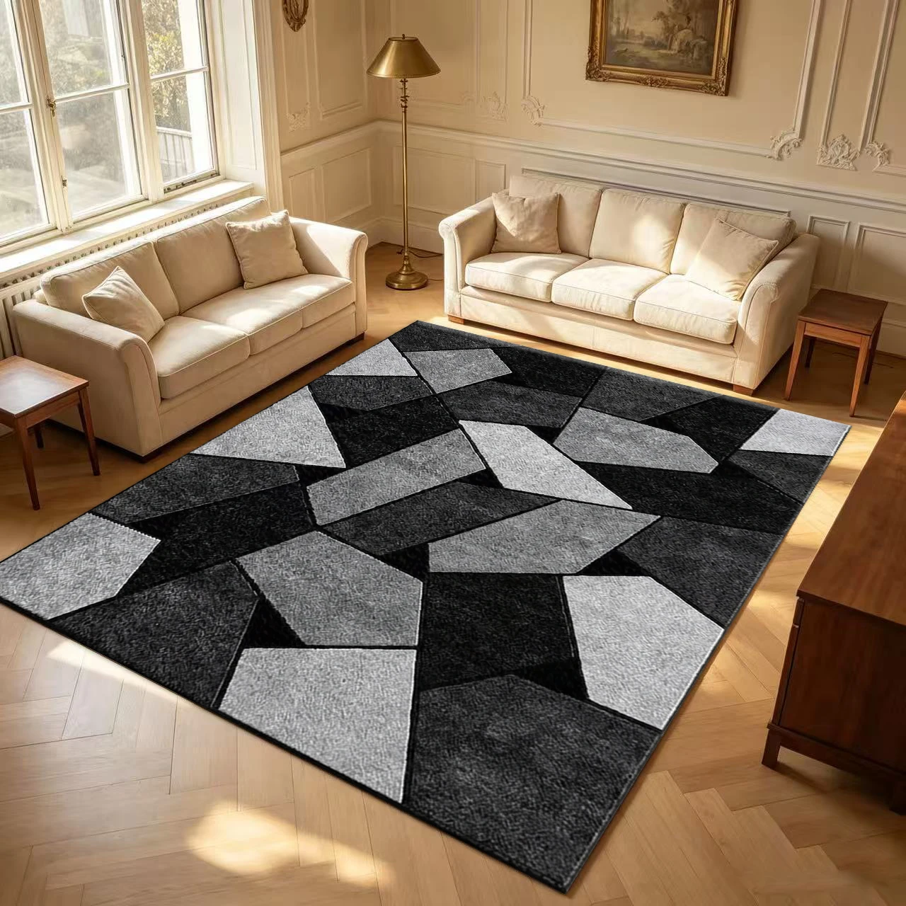 Modern Abstract Geometric Pattern Carpet in Black and Gray Patchwork Design, Suitable for Living Room, Bedroom, and Home Decor