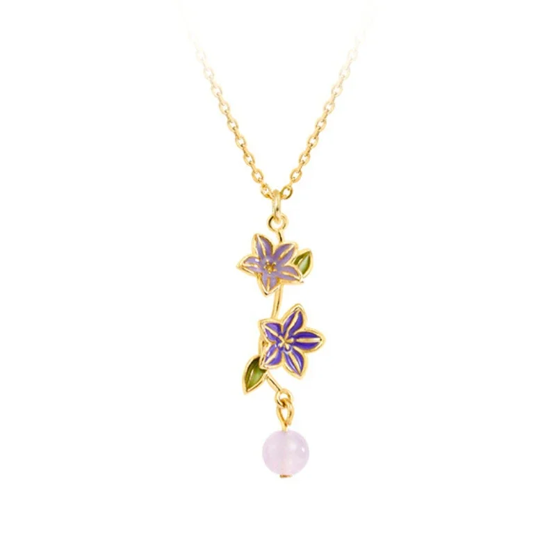 New in enamel purple Campanula flower necklaces oil painting style romantic round bead collar chain new in sweet wedding jewelry