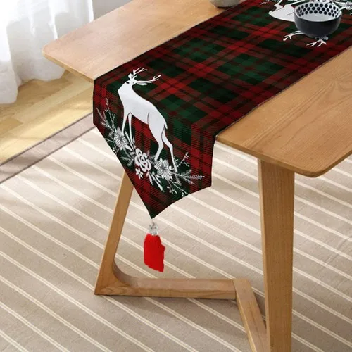 Realhomes Plaid Ground Christmas Deer Themed Digital Printed Tassels Chenille Triangle Runner