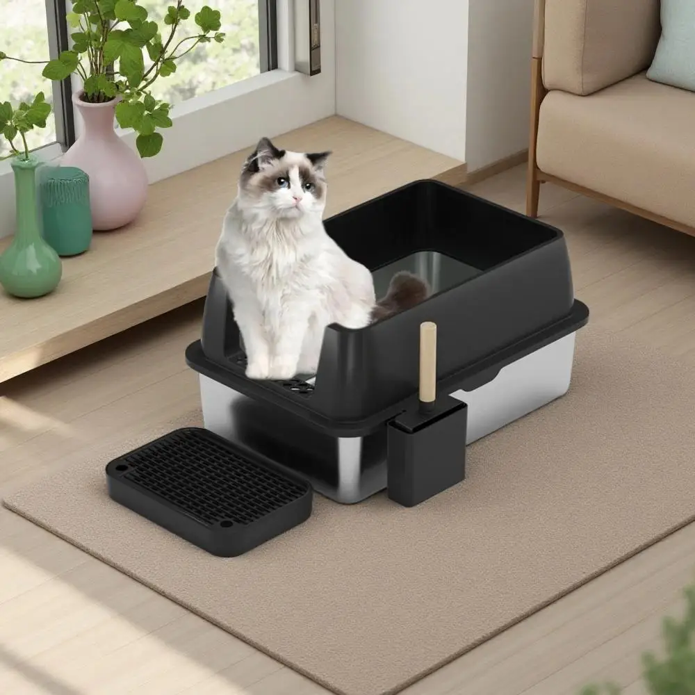 

Stainless Steel Cat Litter Box Easy To Clean Leak Proof Semi Enclosed Large Space Open Pet Cleaning Products Cat Toilet