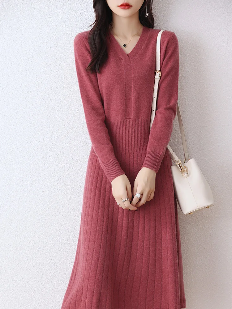 100% Wool Knit Dress Women' V-Neck High Waist Slim Long Skirt Fashion Warm Swing A Skirts Autumn Knitted Pullover Umbrella Skirt