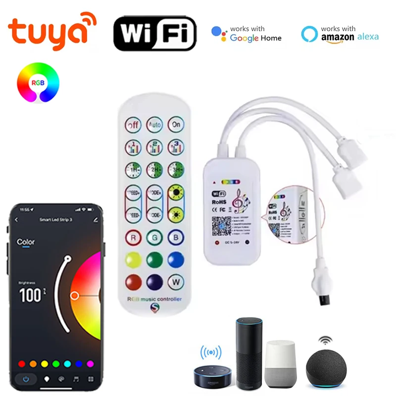 

Умный контроллер Wi-Fi RGB, 12В, 4-контактный, Bluetooth, с голосовым управлением, для светодиодных лент RGB с изменением цвета