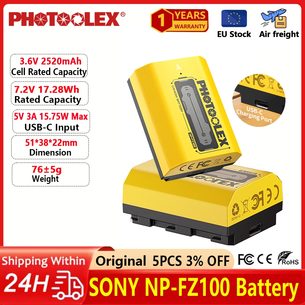 

PHOTOOLEX NP-FZ100 Replacement Camera Battery 2520mAh USB-C Fast Charging Rechargeable for Sony Camera A6700 FX3 ZV-E1 ZV-E10M2K