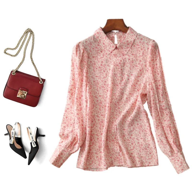 무거운 실크 셔츠 여름 새로운 여성 의류 봄과 가을 옷 탑 꽃 랜턴 슬리브