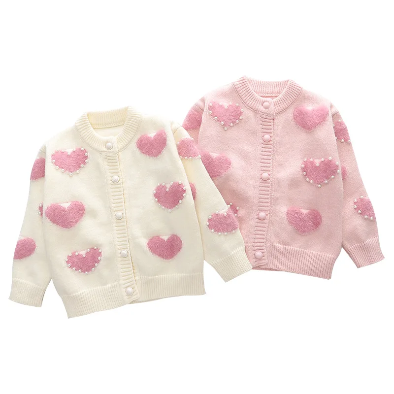 2023 Autumn Girls Sweaters Sweet Pink Knitted Cardigans Korean Princess Sweater Outerwear Long Sleeve Casual Baby Girl Clothes