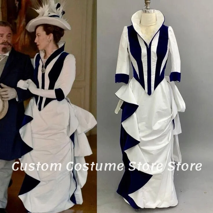 

Индивидуальное вечернее платье эпохи Возрождения с вырезом королевы и длинными рукавами, темно-синее, белое, трапециевидное, плиссированное, украшенное, винтажные бальные платья