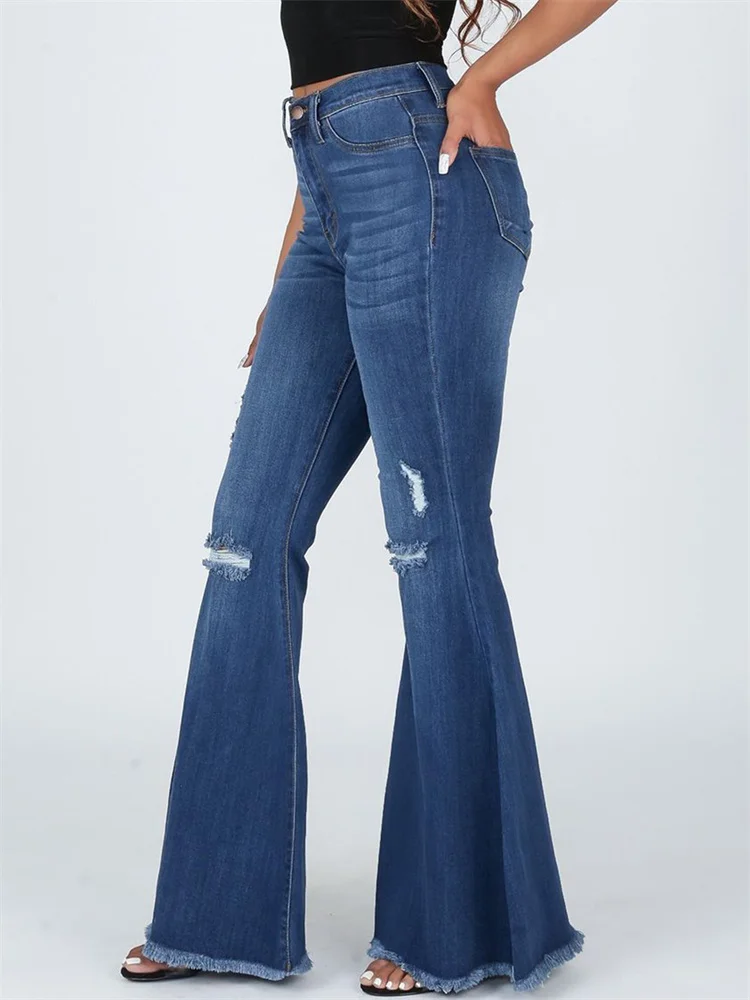 

Women's Mid-waist Slim Stretch Jeans Vintage Flared Trousers Denim Casual Pants Autumn Winter Hole Rough-edge Dark-blue Jeans