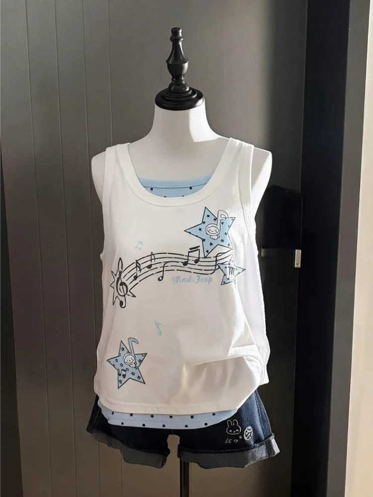 Y2K Subculture Star Note Print Patchwork Fake Two Piece Tank Tops Women Sweet Aesthetic Casual Fashion Loose Sleeveless T-Shirts