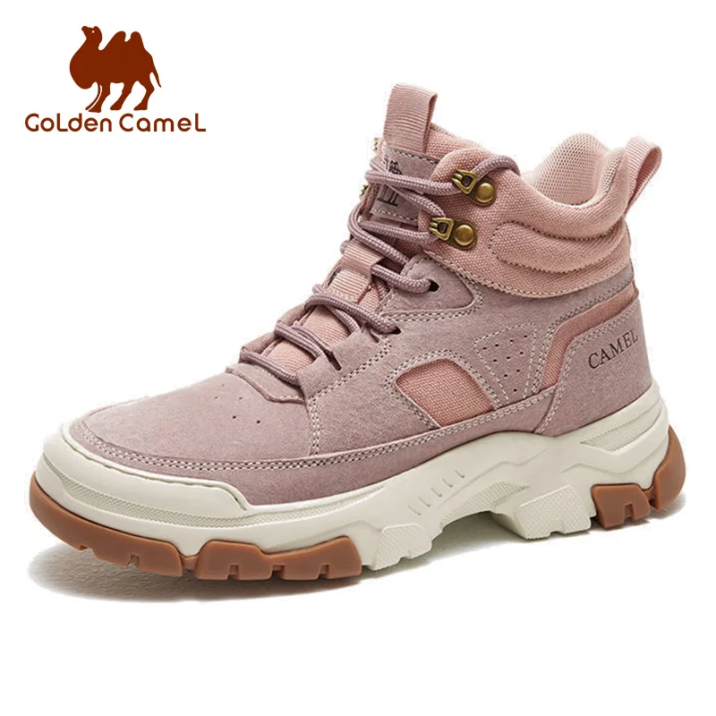 Sapatos femininos de caminhada de camelo dourado, botas Martin antiderrapantes de cano alto, resistentes ao desgaste, esportes, trekking, casual, novo, outono, 2023