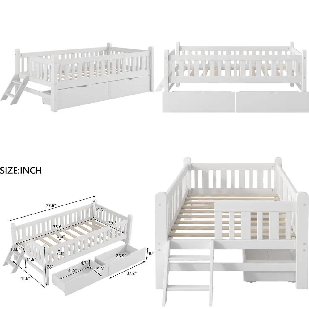 

Белая односпальная кровать с защитными бортиками, 2 ящиками для хранения, низкопрофильная платформа для детей, не требует пружинного блока, простая сборка
