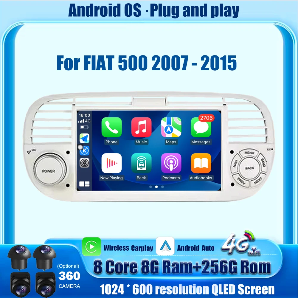 

7 Inch For FIAT 500 2007 - 2015 Android Auto Carplay Car Radio Stereo Multimedia Player GPS Navigation 4G Wifi BT DSP Head Unit