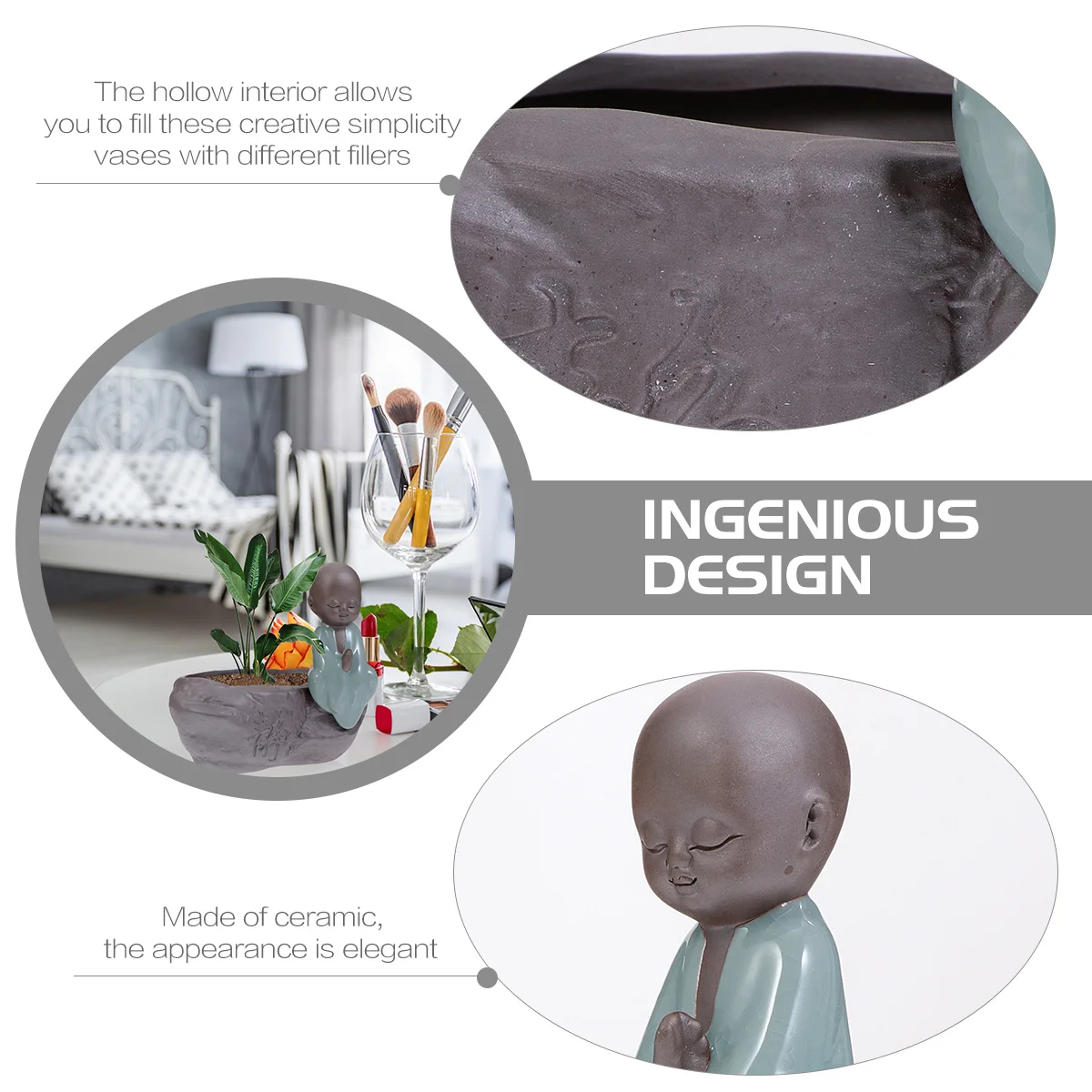 

Creative Ceramic Zen Monk Flower Pot for Succulents Bonsai Desktop Home Decor Hollow Planter Container for Dried Flowers Wedding